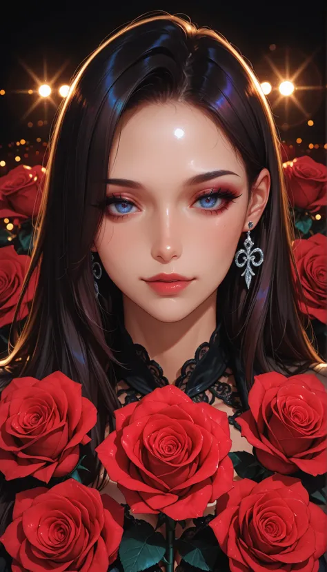 Beautiful Angel Portraits Surrounded by Roses, Roses on one side, Surrounding roses, sexy young dark-haired woman, closeup shot, 4K high definition, Photographic Realism, HDR, studio lighting, Deep Focus, professional, vivid colors, bokeh effects