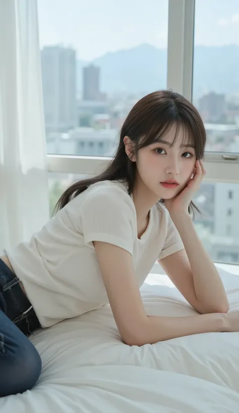 A young woman with delicate features and fair skin lies on a white bed in a relaxed pose, her head resting gently on one hand. She wears a fitted, short-sleeved white ribbed T-shirt that accentuates her slender figure, paired with classic dark blue jeans. ...