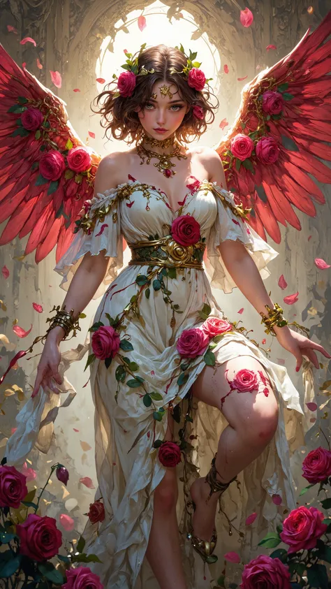 Rose flower angel、Altar Painting、
((NSFW)),
soft focus、motion blur、
(High Key)、Backlit 、See-through wings、see-through dress、
rose petals are blooming in the foreground、
1girl, hood and Godliness々Fusion of shrewdness、
An angel with big crimson wings was wra...