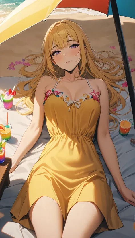 8k,masterpiece,highest quality,Women,alone,Cha Hae In, yellow hair,At the beach, she lies on a comfortable bed under a colorful umbrella, sunshine shining on her face, with light shades on golden sand,Wearing a bright summer dress, surrounded by colorful j...