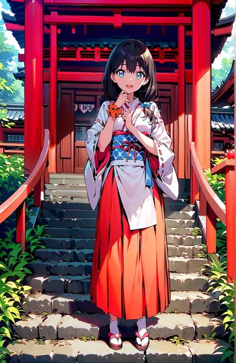 score_9, score_8_up, score_7_up, source_anime, It's because of Rikkata, black hair with a young pattern, blue eyes, long hair, orange scrunch, scrunchie,  Wrist Scrunches , smile,cover,Open Your Mouth,Orange wrist scrunch, Shrine maiden,  kimono, object,  ...