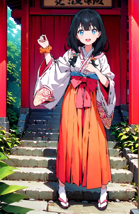 score_9, score_8_up, score_7_up, source_anime, It's because of Rikkata, black hair with a young pattern, blue eyes, long hair, orange scrunch, scrunchie,  Wrist Scrunches , smile,cover,Open Your Mouth,Orange wrist scrunch, Shrine maiden,  kimono, object,  ...