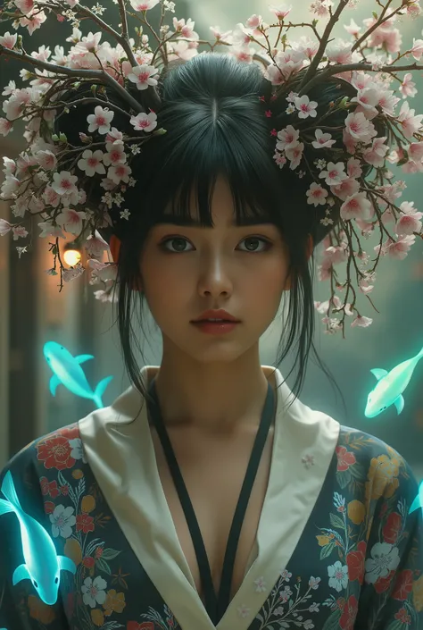 A breathtaking portrait of a woman in a deep V-neck kimono-style top, medium breasts, huge cleavage, combining elements of Japanese ukiyo-e art with the surreal, high-tech aesthetics of cyber-futurism, high-tech aesthetics of cyber-futurism, Inspired by th...