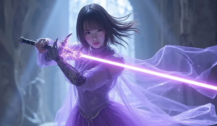 
A picture of a cyborg woman wearing a clear purple dress、holding a sword with holographic details, Saint Seiya ,   Mechanical Valkyrie  ,  Genshin Impact ,  Valkyrie Anubis Mysterious , Saint Seiyaの少女, [ Tarot ]!!!!!, It's Not You , yuyushiki, Thor , Godd...
