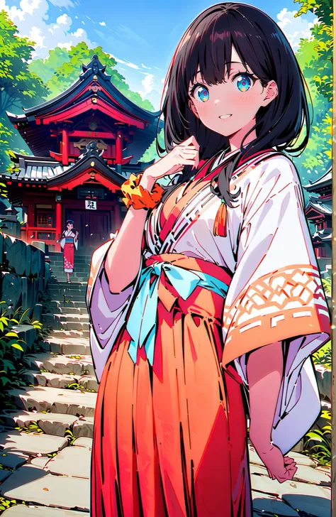 score_9, score_8_up, score_7_up, source_anime, It's because of Rikkata, black hair with a young pattern, blue eyes, long hair, orange scrunch, scrunchie,  Wrist Scrunches , smile,cover,Open Your Mouth,Orange wrist scrunch, Shrine maiden,  kimono, object,  ...