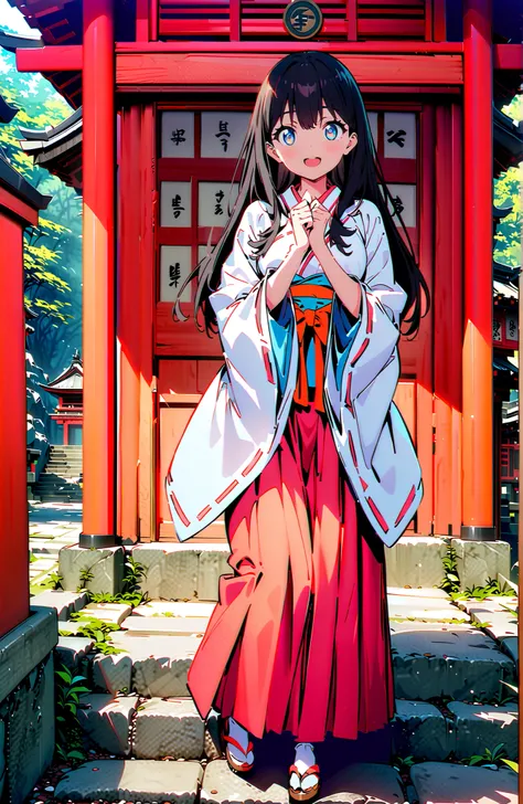 score_9, score_8_up, score_7_up, source_anime, It's because of Rikkata, black hair with a young pattern, blue eyes, long hair, orange scrunch, scrunchie,  Wrist Scrunches , smile,cover,Open Your Mouth,Orange wrist scrunch, Shrine maiden,  kimono, object,  ...