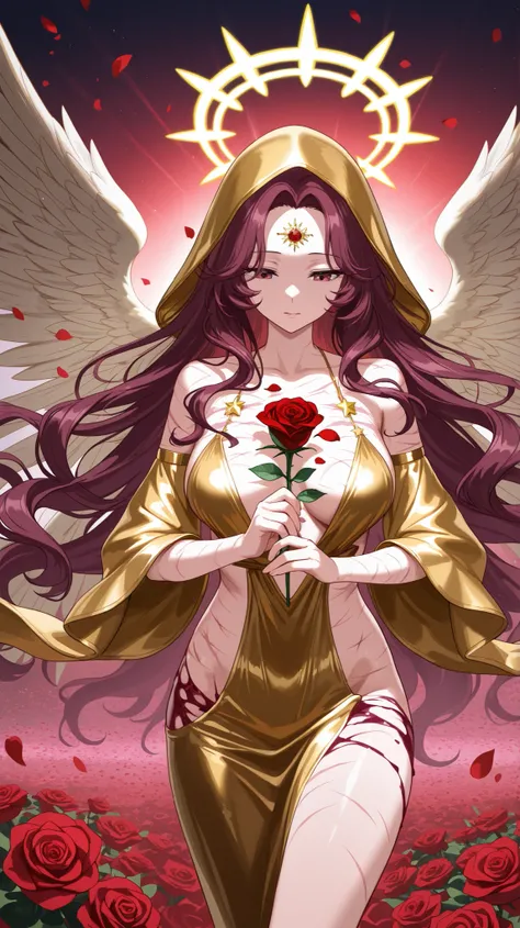 8 k，High definition，Items of delicate light，halo effect，sharp focus，hips，HDR，professional, angel woman in a revealing gold dress，Elegant，nice breast,(wavy maroon long hair,revealing forehead: 1.2),gold hood & sleeves, eye cover in fabric,holding rose-shape...