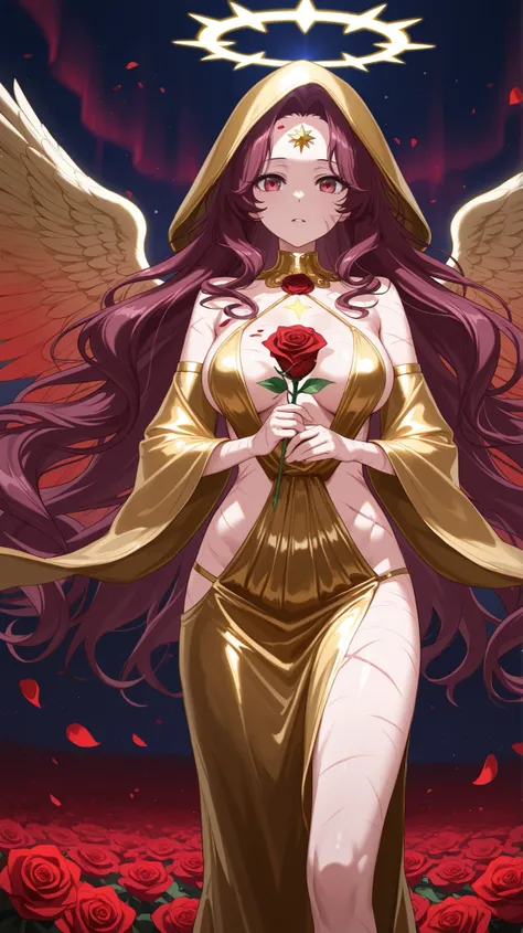 8 k，High definition，Items of delicate light，halo effect，sharp focus，hips，HDR，professional, angel woman in a revealing gold dress，Elegant，nice breast,(wavy maroon long hair,revealing forehead: 1.2),gold hood & sleeves, eye cover in fabric,holding rose-shape...