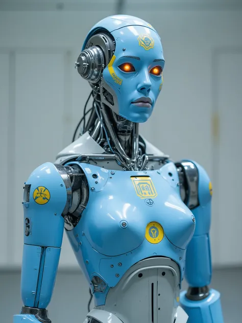 Award-Winning Wallpaper, portrait photography. A blue and white female crash test dummy stands in front of a blank wall. Side profile, close shot. She has no hair, and LED lights for eyes, one of which is not working. Various markings, numbers and arrows o...