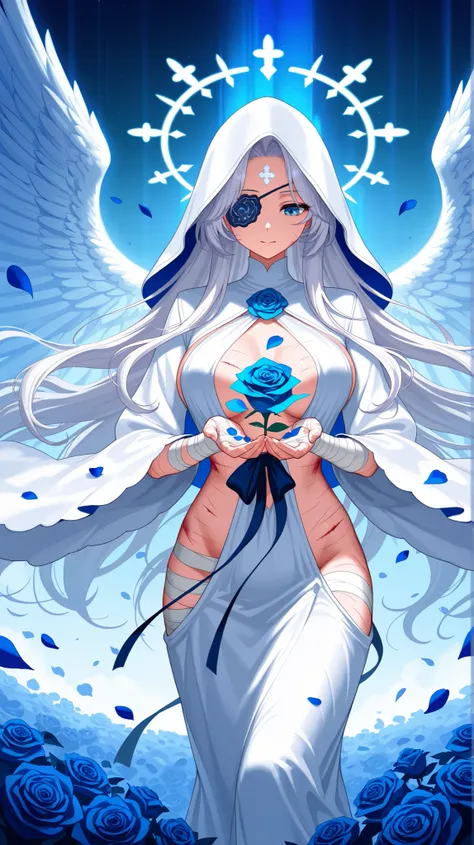 8 k，High definition，Items of delicate light，halo effect，sharp focus，hips，HDR，professional, angel woman in a revealing white dress，Elegant，nice breast,(wavy white long hair,revealing forehead: 1.2),white hood & sleeves, eye patch in fabric,holding diamond i...