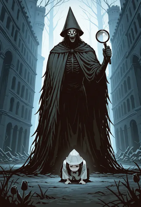 masterpiece, best quality, amazing quality, very aesthetic, newest, a detective from the underworld (=_=), like a little monster, a side parted hairstyle, holding a big magnifying glass, wearing a tulip hat, a cloak, BREAK background an old castle that com...