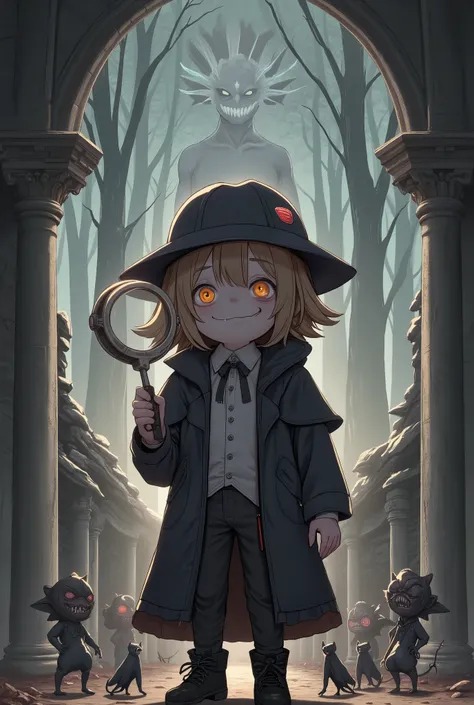 masterpiece, best quality, amazing quality, very aesthetic, newest, a detective from the underworld (=_=), like a little monster, a side parted hairstyle, holding a big magnifying glass, wearing a tulip hat, a cloak, BREAK background an old castle that com...