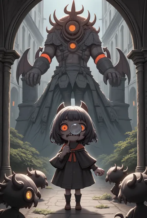 ultra detailed, absolutely resolution, masterpiece, a detective from the underworld (=_=), like a little monster, a side parted hairstyle, holding a big magnifying glass, wearing a tulip hat, a cloak, BREAK background an old castle that combines northern r...