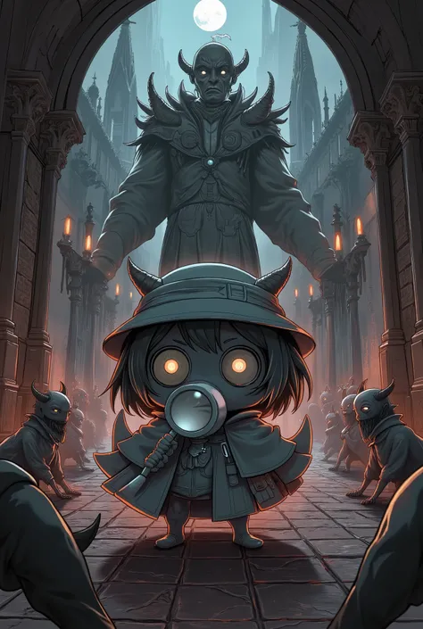 ultra detailed, absolutely resolution, masterpiece, a detective from the underworld (=_=), like a little monster, a side parted hairstyle, holding a big magnifying glass, wearing a tulip hat, a cloak, BREAK background an old castle that combines northern r...
