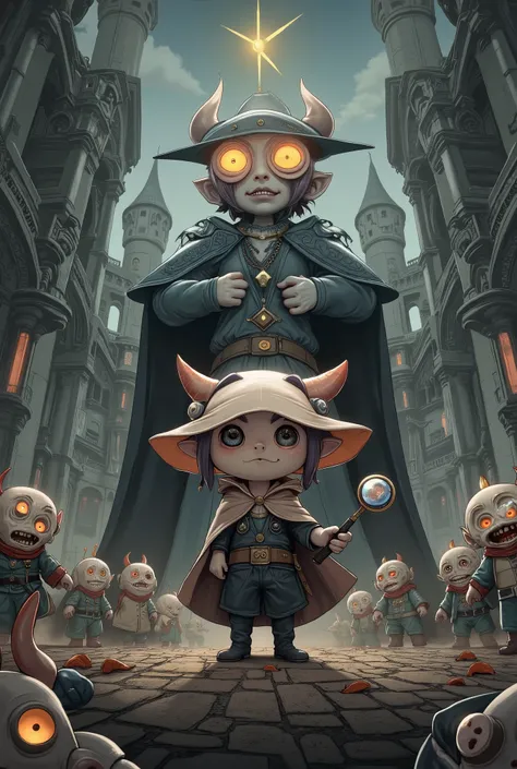 ultra detailed, absolutely resolution, masterpiece, a detective from the underworld (=_=), like a little monster, a side parted hairstyle, holding a big magnifying glass, wearing a tulip hat, a cloak, BREAK background an old castle that combines northern r...