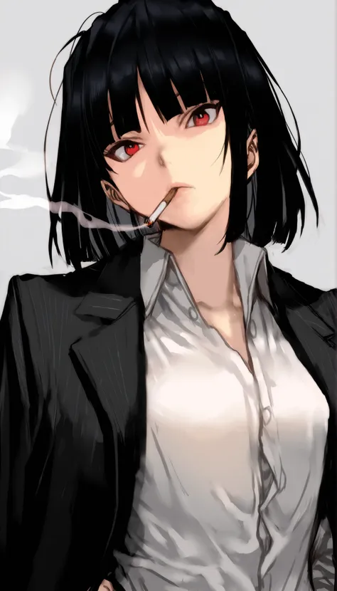 by ponsuke (pon00000), by hungry clicker, sketch,  oil style, ryoshu (project moon), 1girl, solo, black hair, unkempt, wispy bangs, medium hair, messy hair, sanpaku, red eyes, small breasts, mature woman, dress shirt, black jacket, suit jacket, jacket over...