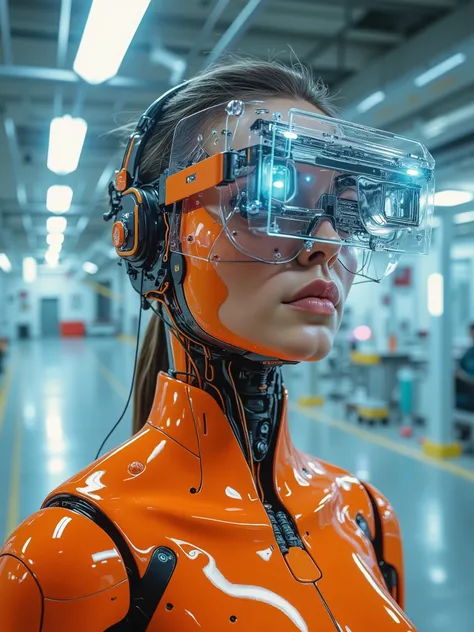 Award-Winning Wallpaper, artistic photography. An orange female crash test dummy in a blank room, surrounded by computer transparent simulated holograms. She has futuristic eye glasses that provide her with a virtual computer environment. 4K, super detaile...