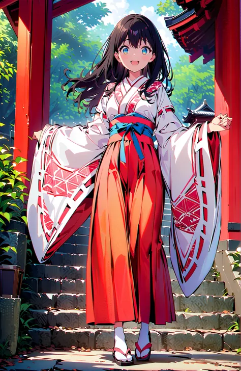 score_9, score_8_up, score_7_up, source_anime, It's because of Rikkata, black hair with a young pattern, blue eyes, long hair, orange scrunch, scrunchie,  Wrist Scrunches , smile,cover,Open Your Mouth,Orange wrist scrunch, Shrine maiden,  kimono, object,  ...