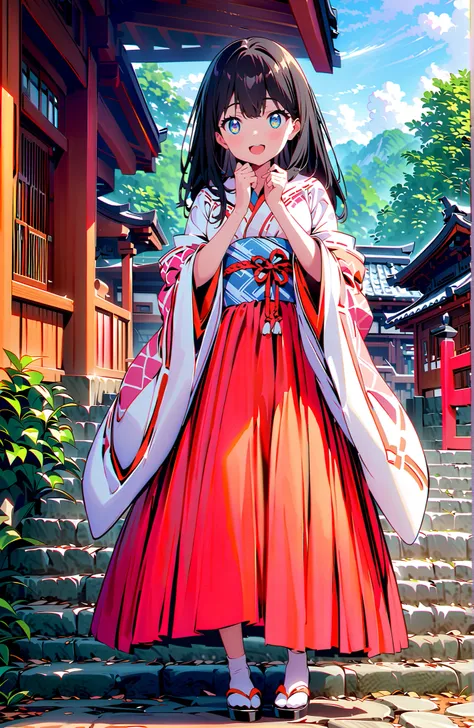 score_9, score_8_up, score_7_up, source_anime, It's because of Rikkata, black hair with a young pattern, blue eyes, long hair, orange scrunch, scrunchie,  Wrist Scrunches , smile,cover,Open Your Mouth,Orange wrist scrunch, Shrine maiden,  kimono, object,  ...