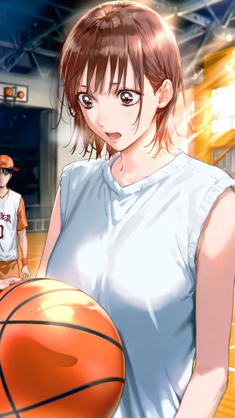 illustration , dramatic lighting , masterpiece , best quality , ultra-detailed , photorealistic depiction of a slam dunk contest in basketball court . many girls panicking in background, 1 girl dunking on the basketball ring,dramatic action shot , 1 girl, ...