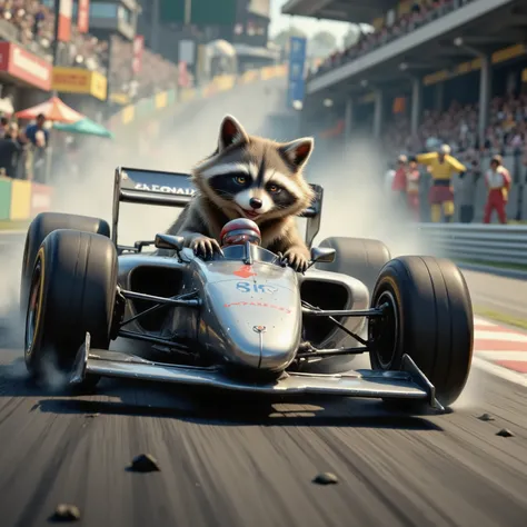 ((Best Quality)),( super high definition),(Super detailed),( detailed description ),((The best CG)),(masterpiece), (The raccoon is driving at F1car,exciting,drifting ),(F1race:1.5)