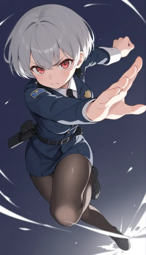 ((masterpiece)), (best quality), 1girl, solo, Simple background, temptation, delicate face, Battle Pose , Thomas slalom kick, full body, silver short hair, long sideburn, red delicate eyes, angry, Disdainful Eyes, Black Stockings, Damaged black police un...