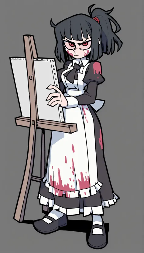 by vanripper, ryoshu (project moon), 1girl, solo, black hair, unkempt, wispy bangs, medium hair, messy hair, ponytail, sanpaku, red eyes, small breasts, mature woman, traditional maid, black dress, juliet sleeves, maid apron, frilled apron, black ascot, Ma...