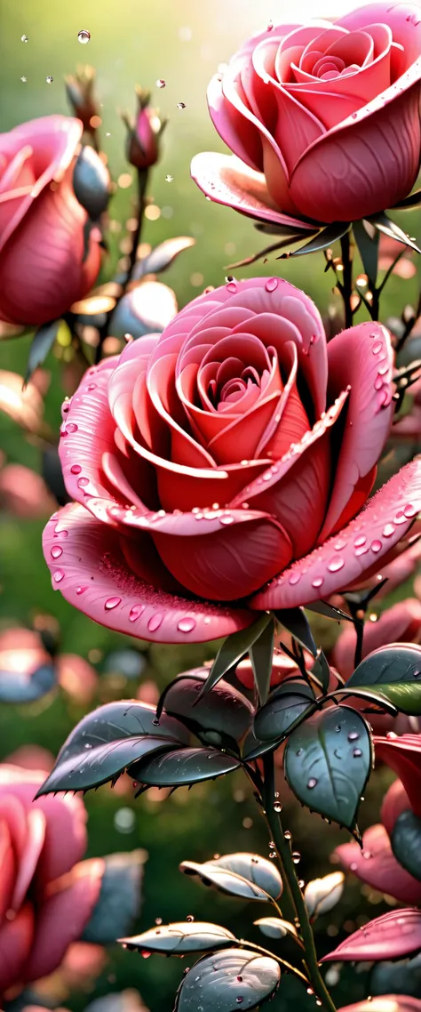 sunrise in spring:1.5, ((close-up:1.4)), ((close-up of a ROSE flower:1.6)), beautiful, the rays of the morning sun bathe a rose, with dew drops :1.6)) ,((beautiful morning colors, pink, yellow, orange, blue: 1.5)), ((super detailed: 1.5)), (( idyllic, Drea...