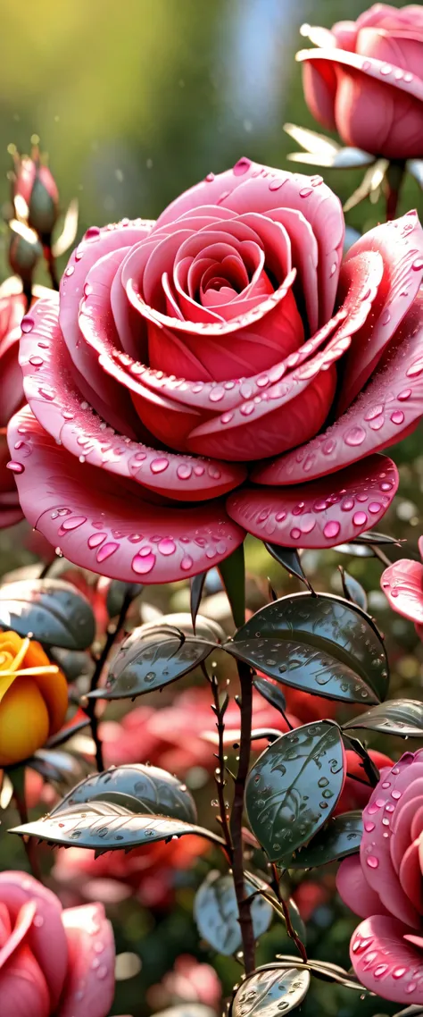 sunrise in spring:1.5, ((close-up:1.4)), ((close-up of a ROSE flower:1.6)), beautiful, the rays of the morning sun bathe a rose, with dew drops :1.6)) ,((beautiful morning colors, pink, yellow, orange, blue: 1.5)), ((super detailed: 1.5)), (( idyllic, Drea...