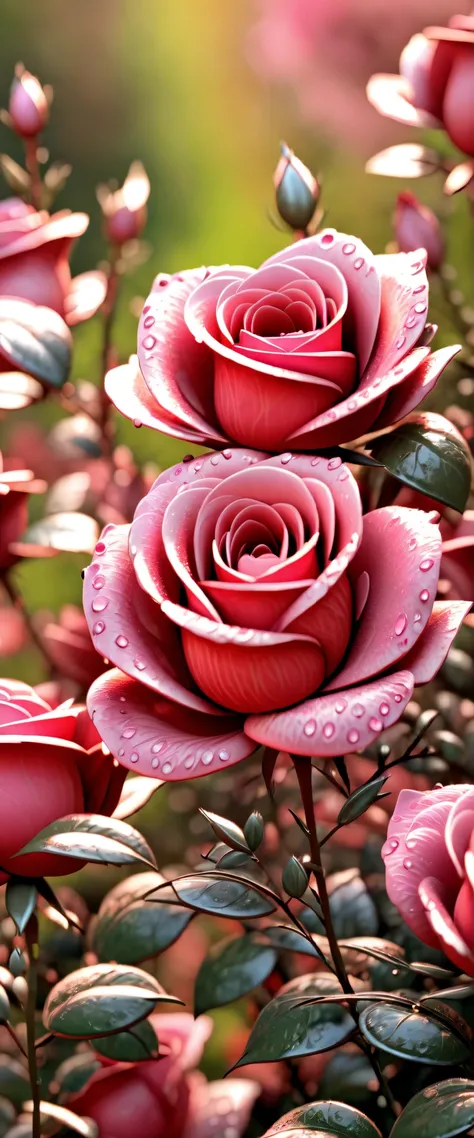 sunrise in spring:1.5, ((close-up:1.4)), ((close-up of a ROSE flower:1.6)), beautiful, the rays of the morning sun bathe a rose, with dew drops :1.6)) ,((beautiful morning colors, pink, yellow, orange, blue: 1.5)), ((super detailed: 1.5)), (( idyllic, Drea...