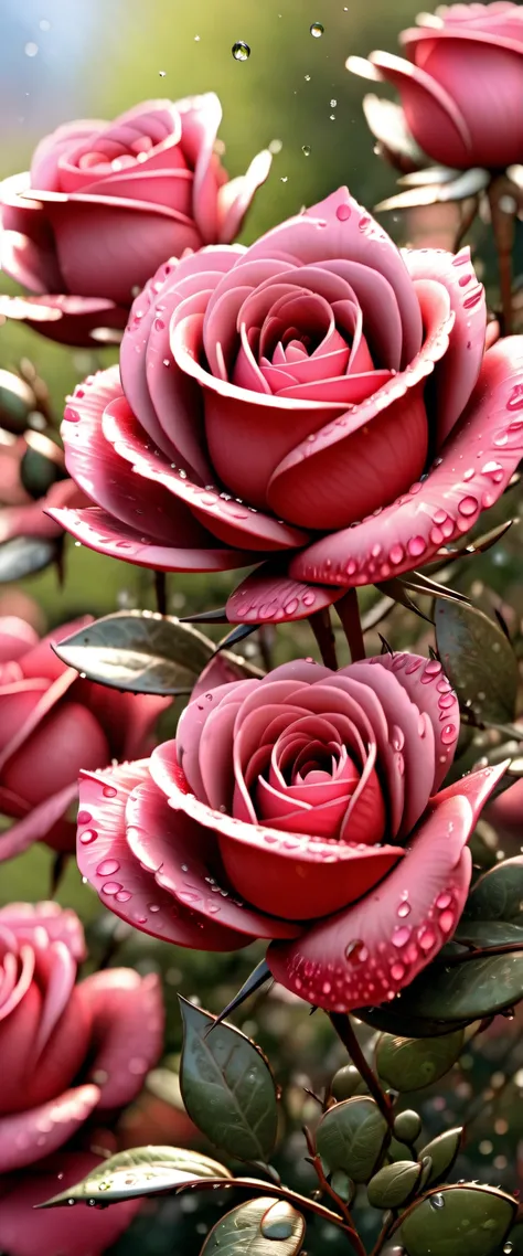 sunrise in spring:1.5, ((close-up:1.4)), ((close-up of a ROSE flower:1.6)), beautiful, the rays of the morning sun bathe a rose, with dew drops :1.6)) ,((beautiful morning colors, pink, yellow, orange, blue: 1.5)), ((super detailed: 1.5)), (( idyllic, Drea...