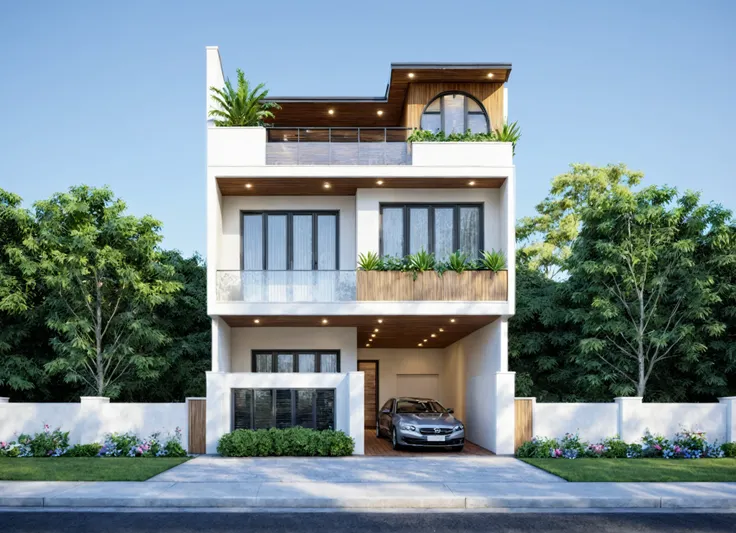 townhouse, (modern style:1.2), open roof top sky, exterior design, perspective view, (white wall:1.3), (block sidewalks and asphalt roads), (day sky background), Low trees around the house, (the house next door is lower than the subject designer's house), ...