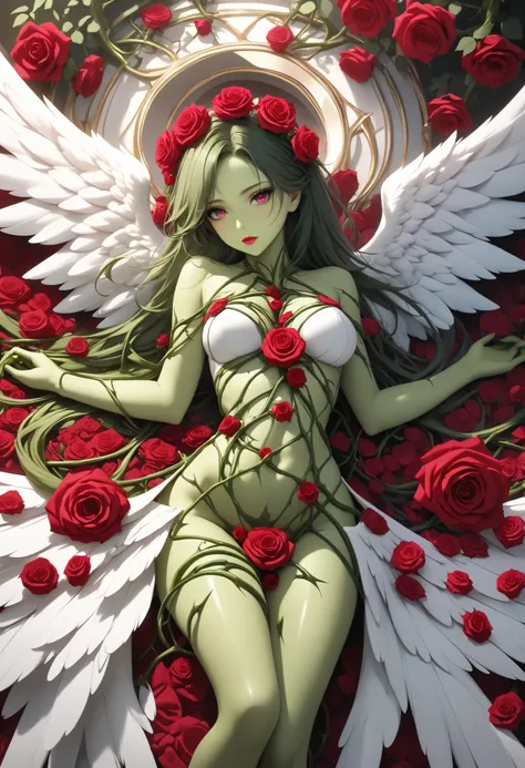 (The rose of the plant will be sublimated into an angel, Rose Art Style, highest resolution, Too Absurd Details), Fascinating Full Body Composition, Adult female angels, from above, face focus, solo, \Caucasian\, 
(Green skin with lots of rose spines, flex...