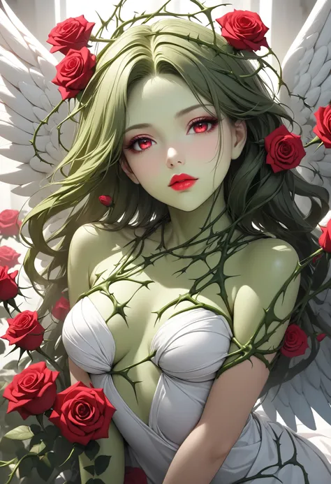 (The rose of the plant will be sublimated into an angel, Rose Art Style, highest resolution, Too Absurd Details), Fascinating Full Body Composition, Adult female angels, from above, face focus, solo, \Caucasian\, 
(Green skin with lots of rose spines, flex...