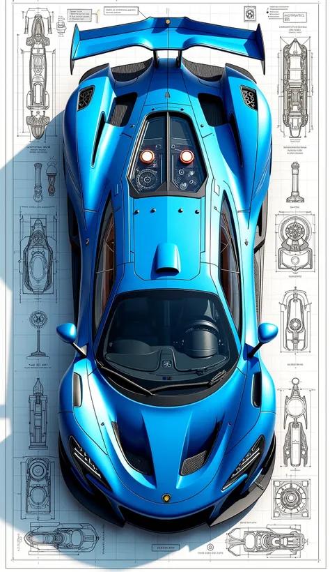 Conceptual art. ortogonal top view. Double exposure collage. Vignette. 3D color sketch. Sticker. 16K. UHD. high quality, photorealism. Thematic blueprints of mclaren car background. Blue Maclaren f1 GTR. Top view, tunning full color design, sharp focus, in...