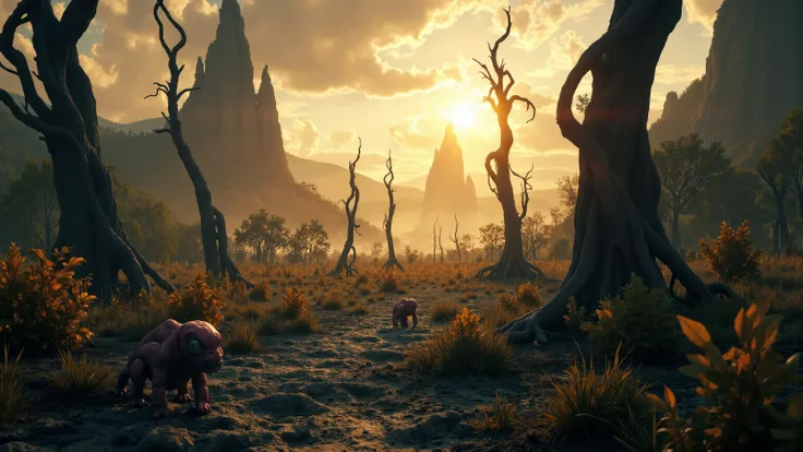 Ominous dawn breaks upon the desolate realm, (((sun))) radiance casting an unsettling glow on twisted treetops and gnarled roots. Shadows writhe like dark tentacles across the panorama, where tiny, grotesque creatures lurk in the foreground, their eldritch...