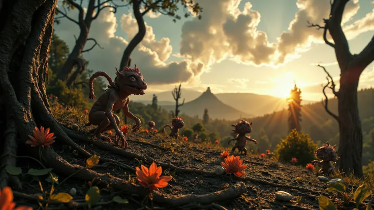 Ominous dawn breaks upon the desolate realm, (((sun))) radiance casting an unsettling glow on twisted treetops and gnarled roots. Shadows writhe like dark tentacles across the panorama, where tiny, grotesque creatures lurk in the foreground, their eldritch...