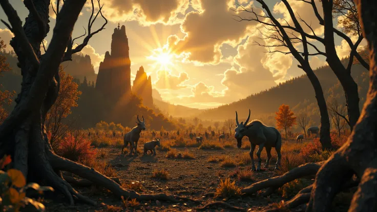 Ominous dawn breaks upon the desolate realm, (((sun))) radiance casting an unsettling glow on twisted treetops and gnarled roots. Shadows writhe like dark tentacles across the panorama, where tiny, grotesque creatures lurk in the foreground, their eldritch...