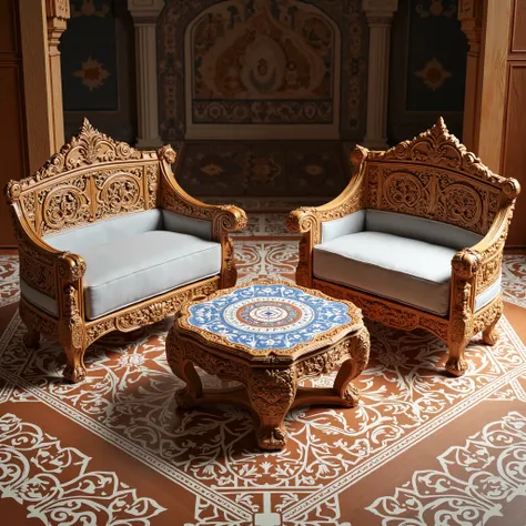 mughal, aka mughal, I want you to design a furniture suitable for Mughal architecture, so that the details of this furniture are clear. Let the furniture wooden carved flooring be decorated with geometric patterns printed with ajrap. Let this Furniture be ...