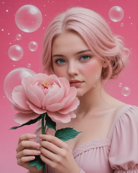 
A beautiful girl with long pink hair, holding a peony flower in her hand, surrounded by bubbles, detailed facial features and expression, pink dress, anime style, pencil drawing, pink background with a starry sky, high resolution, in the style of Artgerm,...