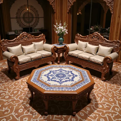 mughal, aka mughal, I want you to design a furniture suitable for Mughal architecture, so that the details of this furniture are clear. Let the furniture wooden carved flooring be decorated with geometric patterns printed with ajrap. Let this Furniture be ...