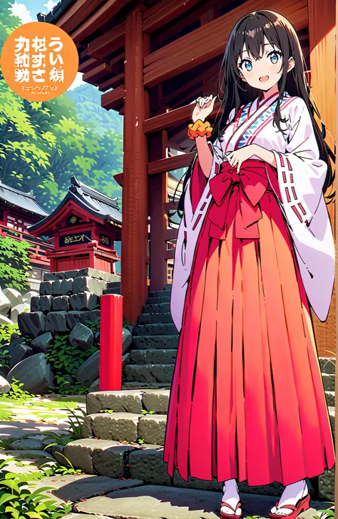 score_9, score_8_up, score_7_up, source_anime, It's because of Rikkata, black hair with a young pattern, blue eyes, long hair, orange scrunch, scrunchie,  Wrist Scrunches , smile,cover,Open Your Mouth,Orange wrist scrunch, Shrine maiden,  kimono, object,  ...
