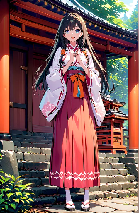 score_9, score_8_up, score_7_up, source_anime, It's because of Rikkata, black hair with a young pattern, blue eyes, long hair, orange scrunch, scrunchie,  Wrist Scrunches , smile,cover,Open Your Mouth,Orange wrist scrunch, Shrine maiden,  kimono, object,  ...