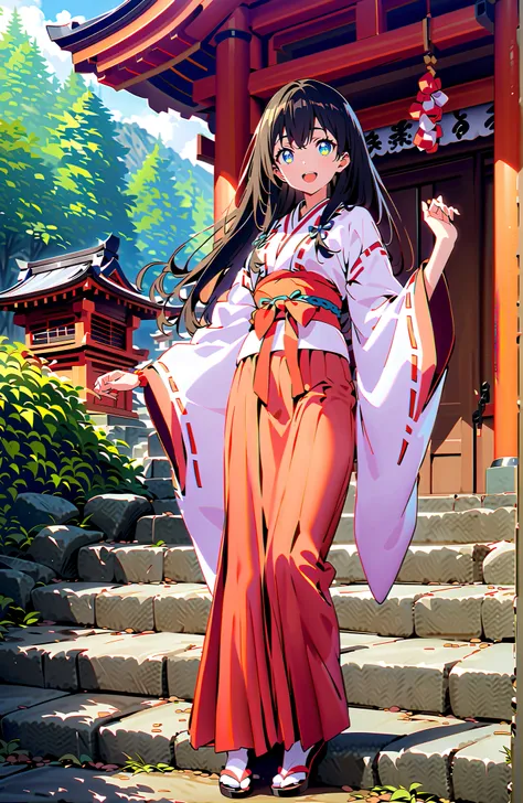 score_9, score_8_up, score_7_up, source_anime, It's because of Rikkata, black hair with a young pattern, blue eyes, long hair, orange scrunch, scrunchie,  Wrist Scrunches , smile,cover,Open Your Mouth,Orange wrist scrunch, Shrine maiden,  kimono, object,  ...