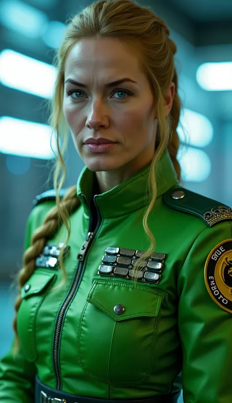 Here is a detailed prompt to generate an image **model** by Nicole man as **Sonya Blade**, focada na **upper body**, in a bright green military outfit and striking details, and a striking background: --- **"Hyper-realistic Close-up of Sarah Jessica Parker ...