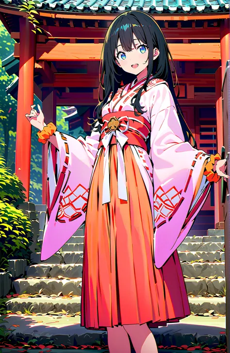 score_9, score_8_up, score_7_up, source_anime, It's because of Rikkata, black hair with a young pattern, blue eyes, long hair, orange scrunch, scrunchie,  Wrist Scrunches , smile,cover,Open Your Mouth,Orange wrist scrunch, Shrine maiden,  kimono, object,  ...