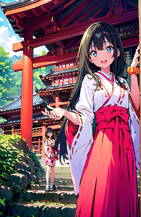 score_9, score_8_up, score_7_up, source_anime, It's because of Rikkata, black hair with a young pattern, blue eyes, long hair, orange scrunch, scrunchie,  Wrist Scrunches , smile,cover,Open Your Mouth,Orange wrist scrunch, Shrine maiden,  kimono, object,  ...