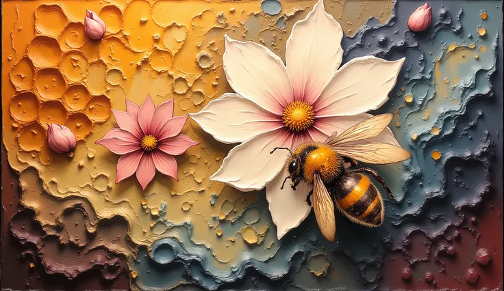 surreal fantasy, illustration, oil paint, a surreal bee approaching a magnolia and behind it, honeycombs in the shape of an octagon in relief as the background of the image.: brosmind, mcbess, sakimi chan, studio ghibli, greg tocchini, yoshitaka amano, Cry...
