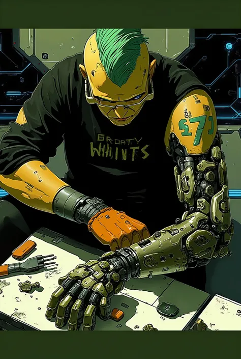 A highly detailed digital illustration in the cyberpunk style, portraying an engineer or technician specialized in cybernetics working on an advanced robotic arm. The character is a man with vibrant green mohawk hair, pale skin and multiple piercings, a bl...