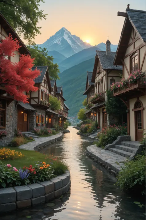 a small village by the river, mountains in the background, floral flowers colorful, detailed landscape, Beautiful natural landscapes, atmospheric lighting, scorching sunset, warm colours, practical, photopractical, Detailed Foliage, complex buildings, cobb...